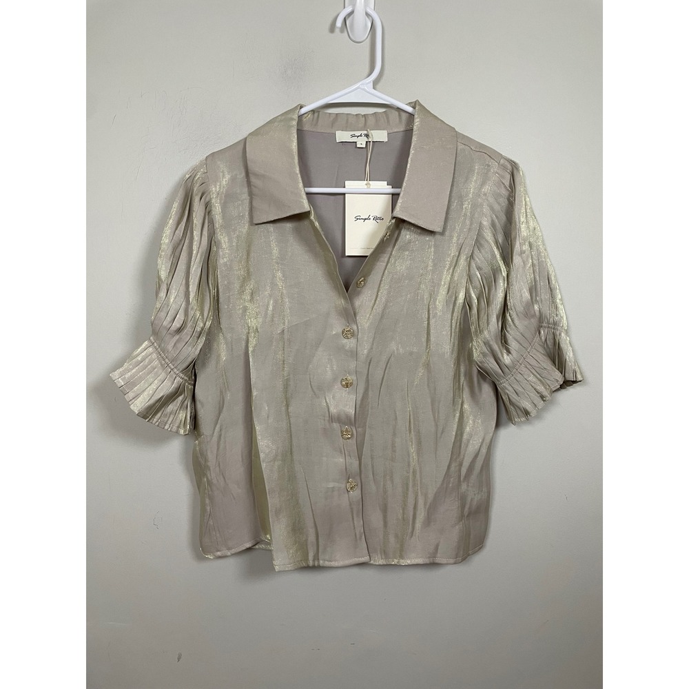 NWT Simple Retro Shimmer Pleated Puff Sleeve Button Down Size Large